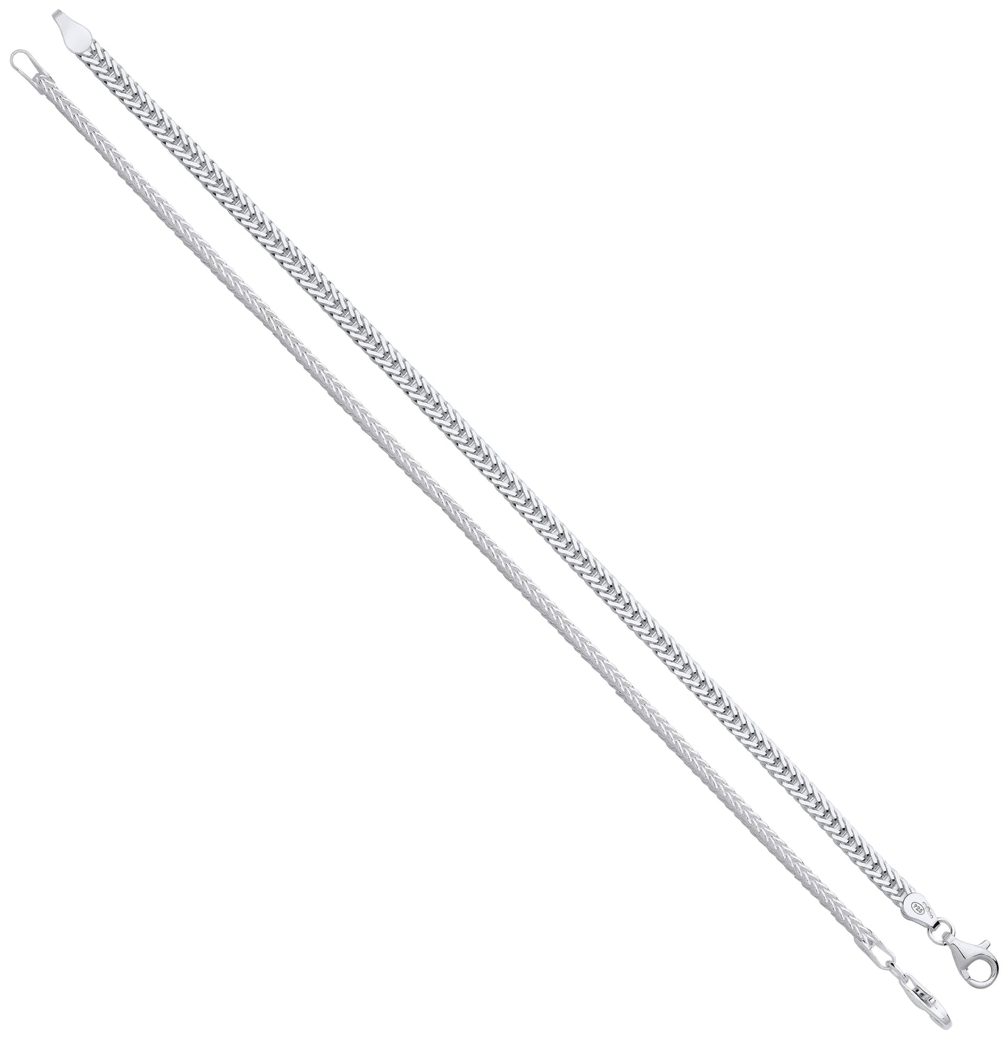 A 4mm sterling silver foxtail chain necklace shown laid flat, displaying the intricate woven link pattern and lobster clasp on a white background.