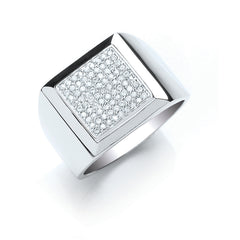 A gents' sterling silver square signet ring, featuring a face fully paved with sparkling round cubic zirconia stones, on a white background.