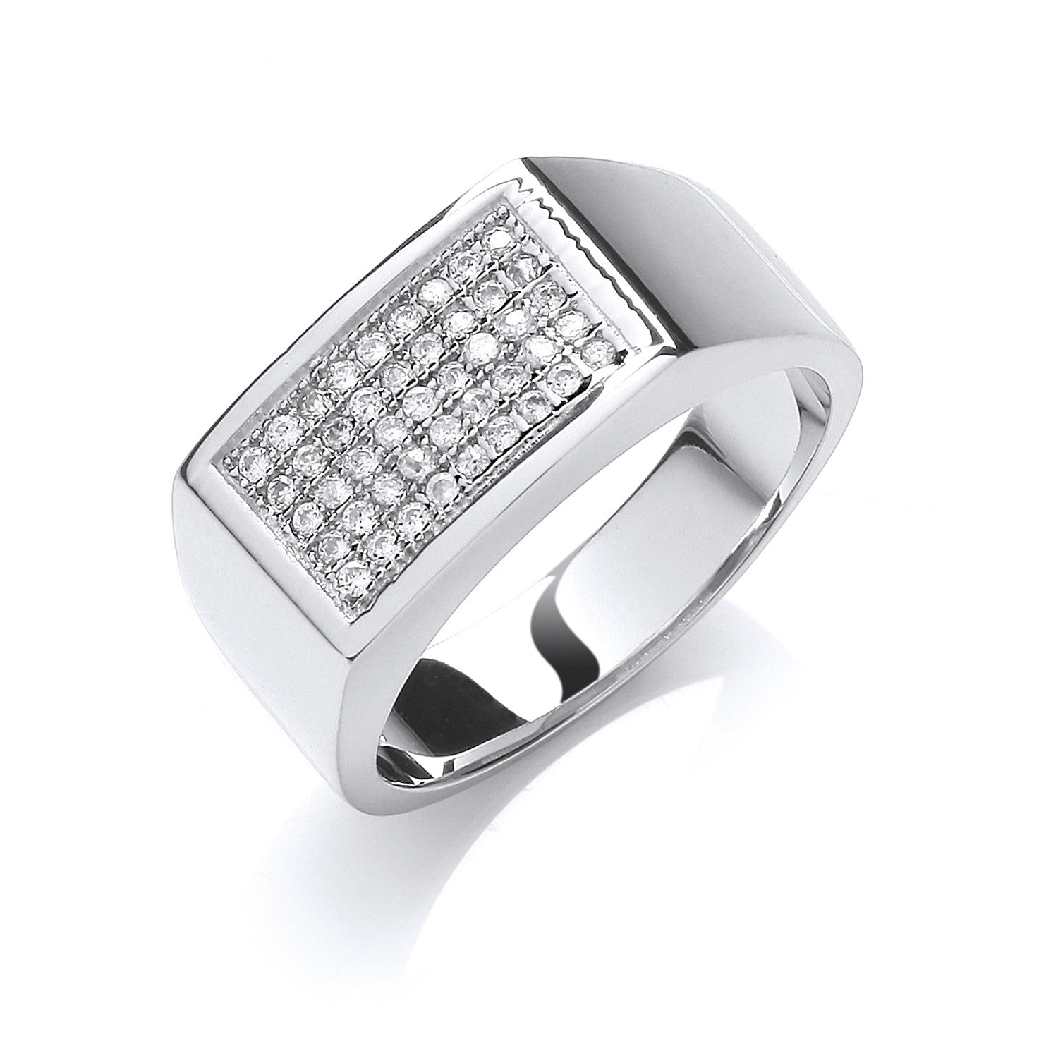 Sterling Silver gents signet ring featuring a rectangular face set with micro pave cubic zirconia stones.