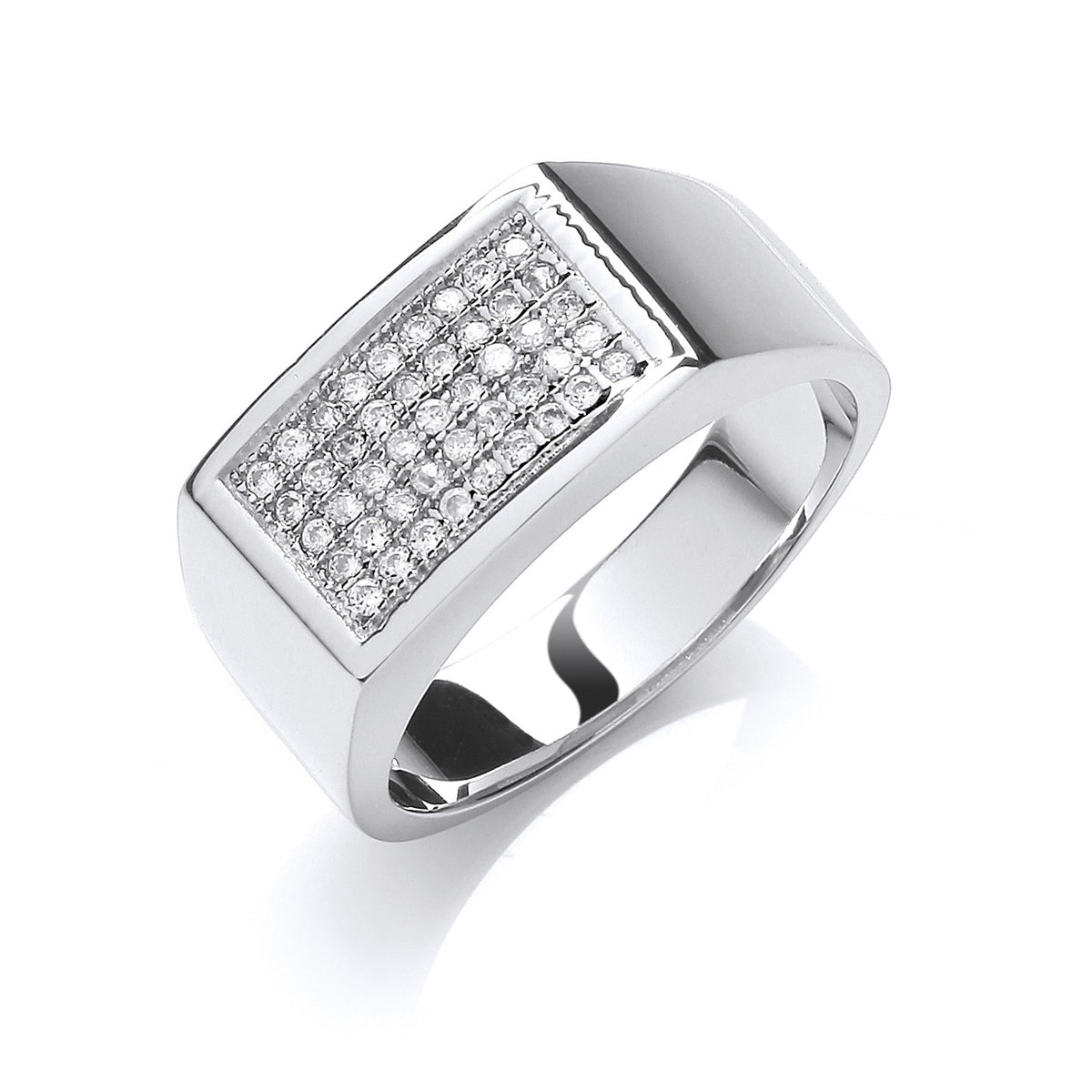 Sterling Silver gents signet ring featuring a rectangular face set with micro pave cubic zirconia stones.