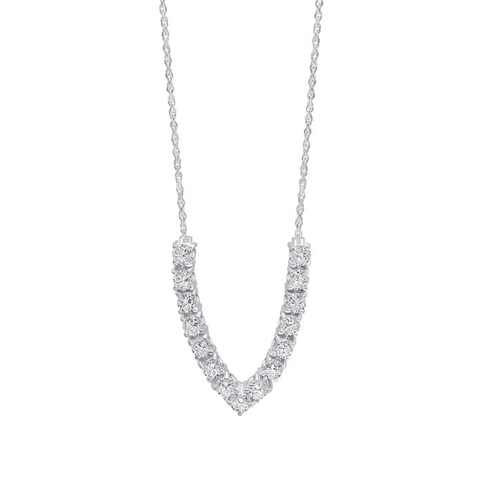 Diamond necklace with a V-shaped pendant on a white background