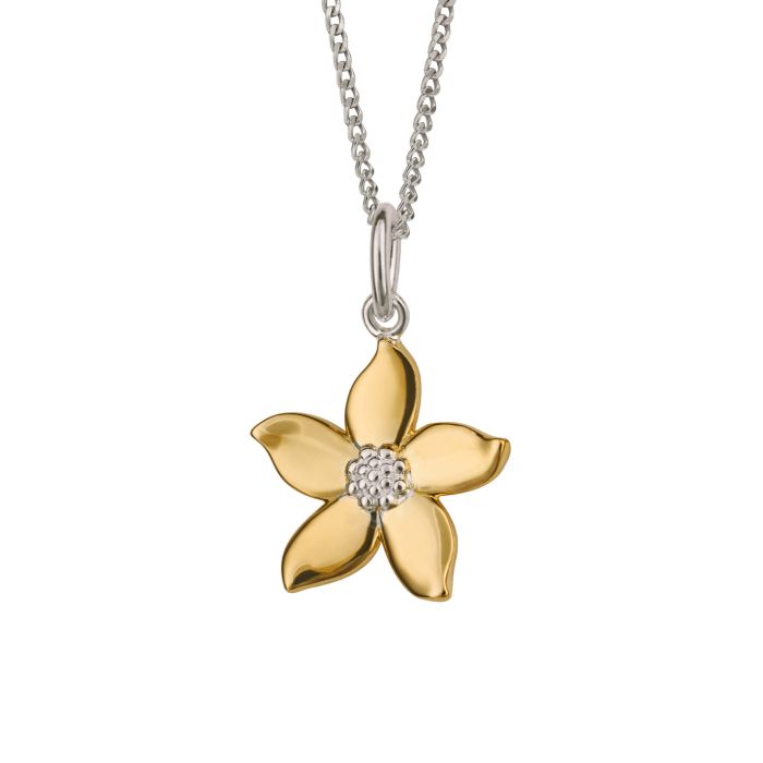 Gold flower-shaped pendant with a diamond on a silver chain against a white background