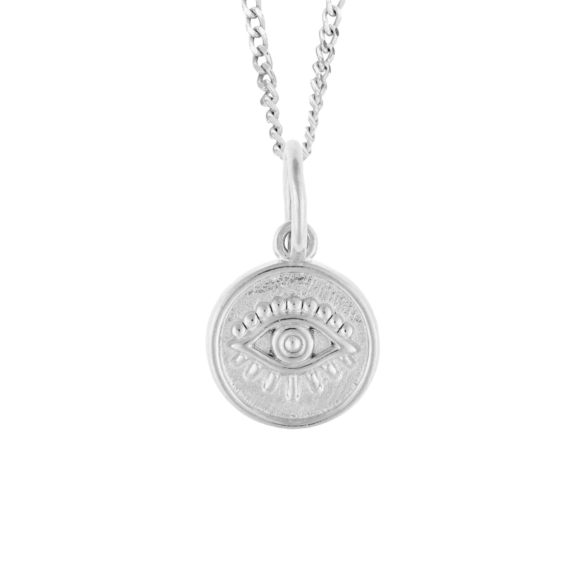 Evil eye charm pendant in recycled sterling silver, polished finish, front view
