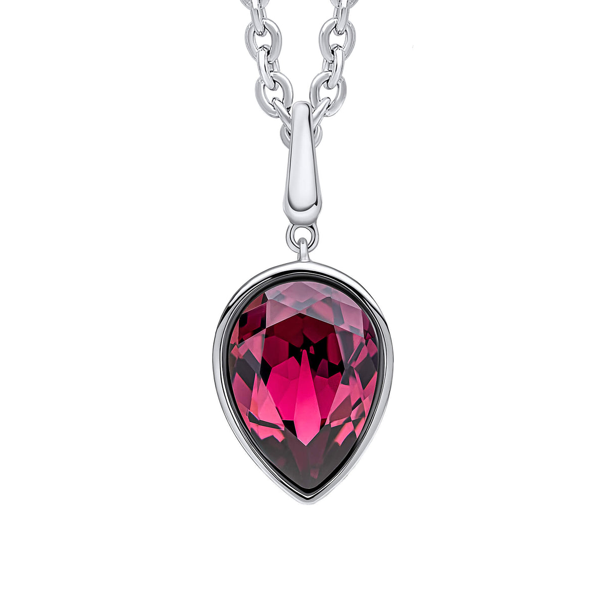 Pear shape amethyst crystal pendant in recycled sterling silver, shown with chain