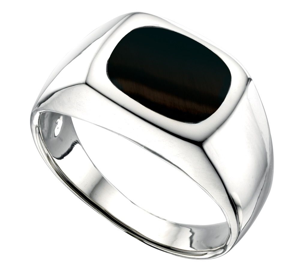 A sterling silver signet ring featuring a rectangular cushion-cut black onyx stone set flush into the face, on a white background.