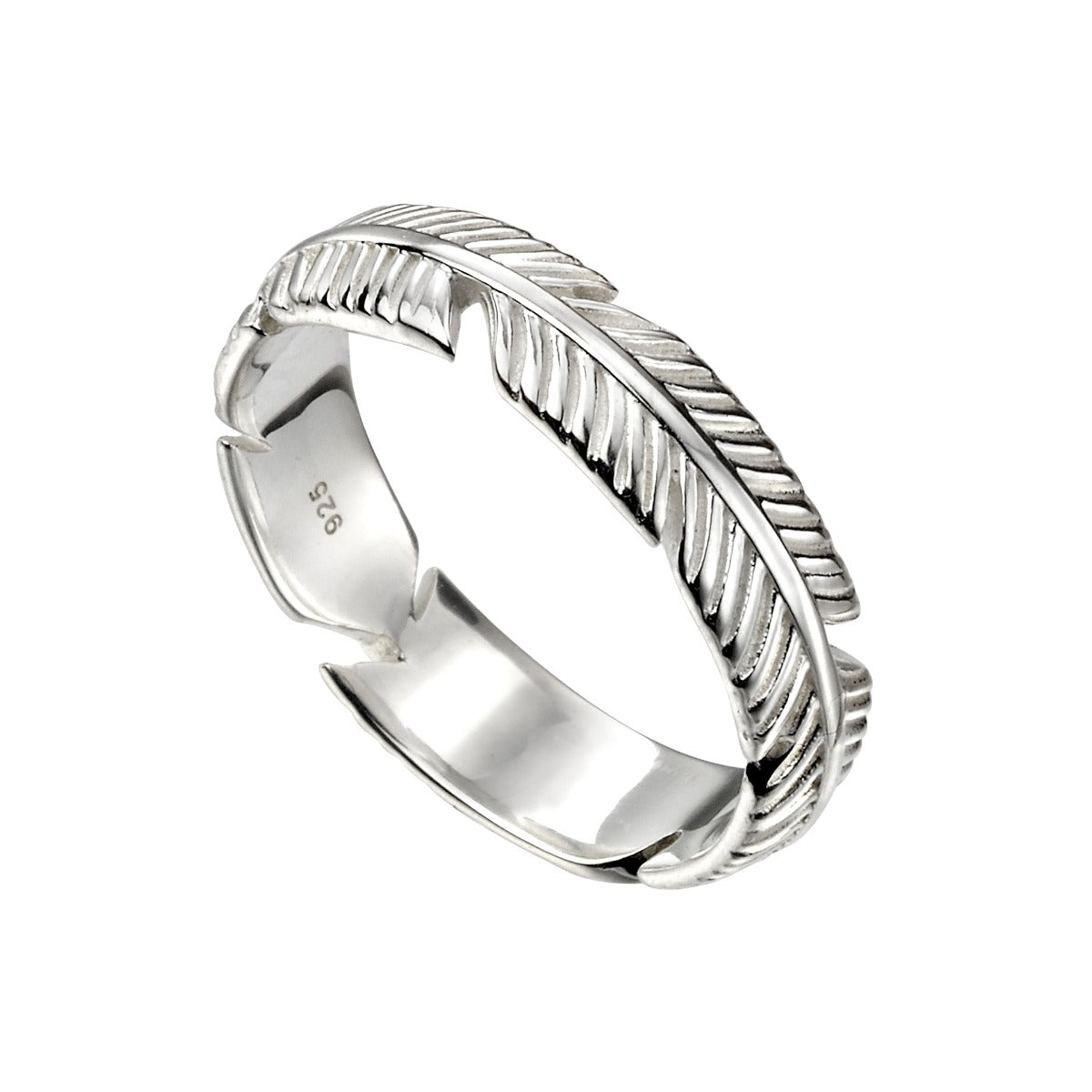 Recycled sterling silver band ring with intricate feather design detail