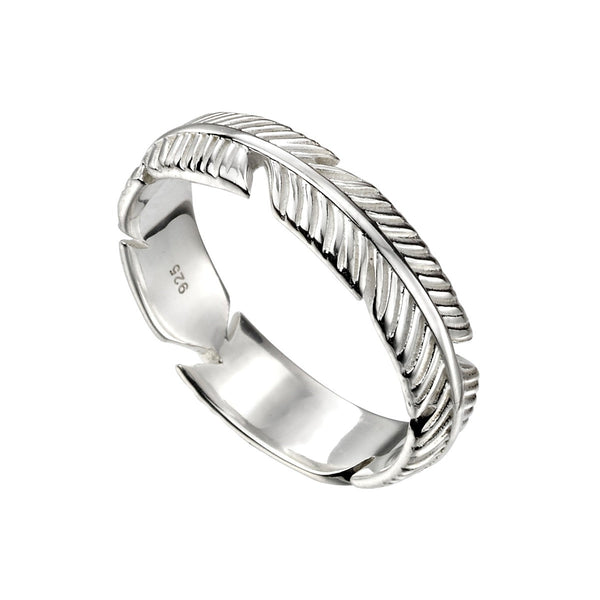 Recycled sterling silver band ring with intricate feather design detail