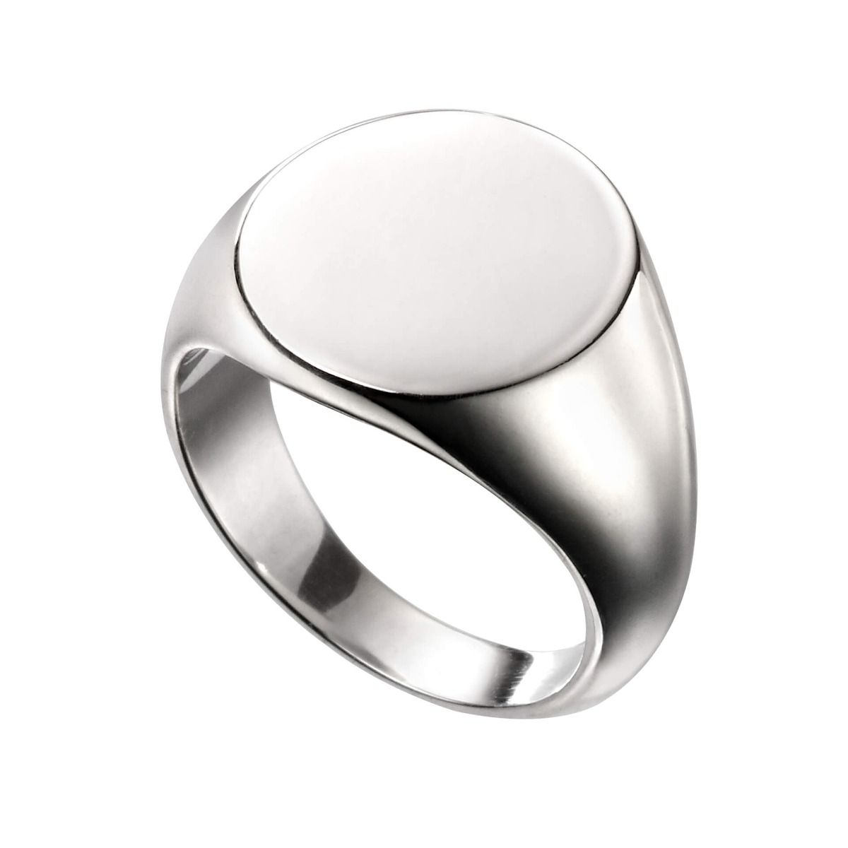 A high-polished sterling silver oval signet ring shown from an angle on a white background.