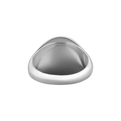 A view of the inside of a solid sterling silver signet ring, showing the smooth, polished band.