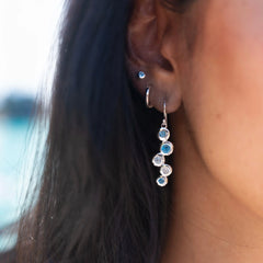 A close-up of a woman's ear and side of her face, with long dark hair. She is wearing one of the sterling silver topaz stream drop earrings, which hangs gracefully below her lobe. Other small silver earrings are also visible in her ear.
