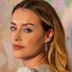 A close-up of a woman's face from the side, with her blonde hair cascading down. She is wearing one of the sterling silver topaz stream drop earrings, clearly showing the multiple blue and white topaz stones. She is wearing a shiny, pleated gold top.