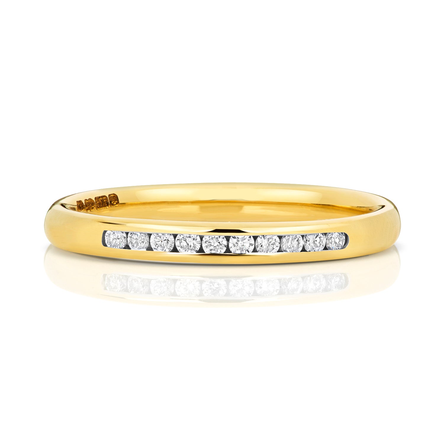 A front view of a 9ct yellow gold diamond eternity ring featuring a channel setting with 25% diamond coverage.