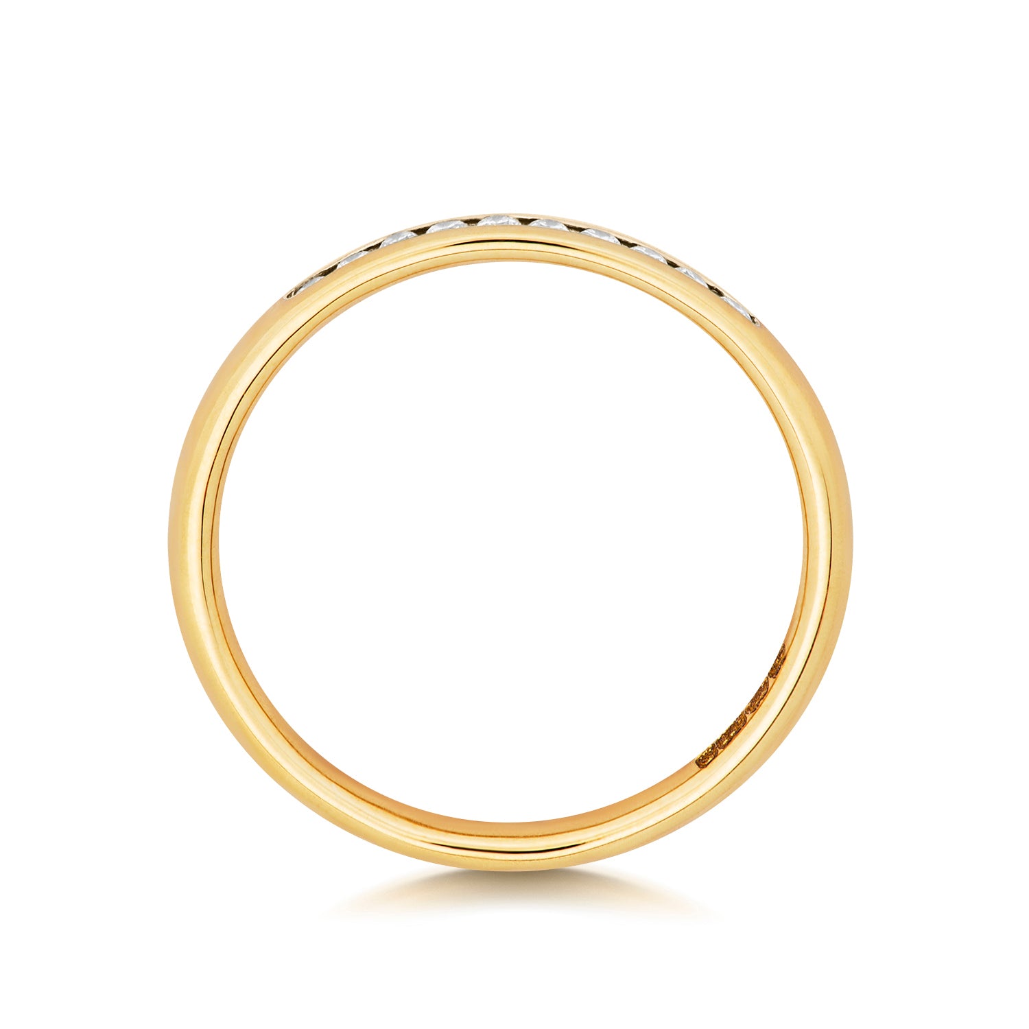 A top-down profile view of a yellow gold channel set wedding band, showing the smooth polished shank.