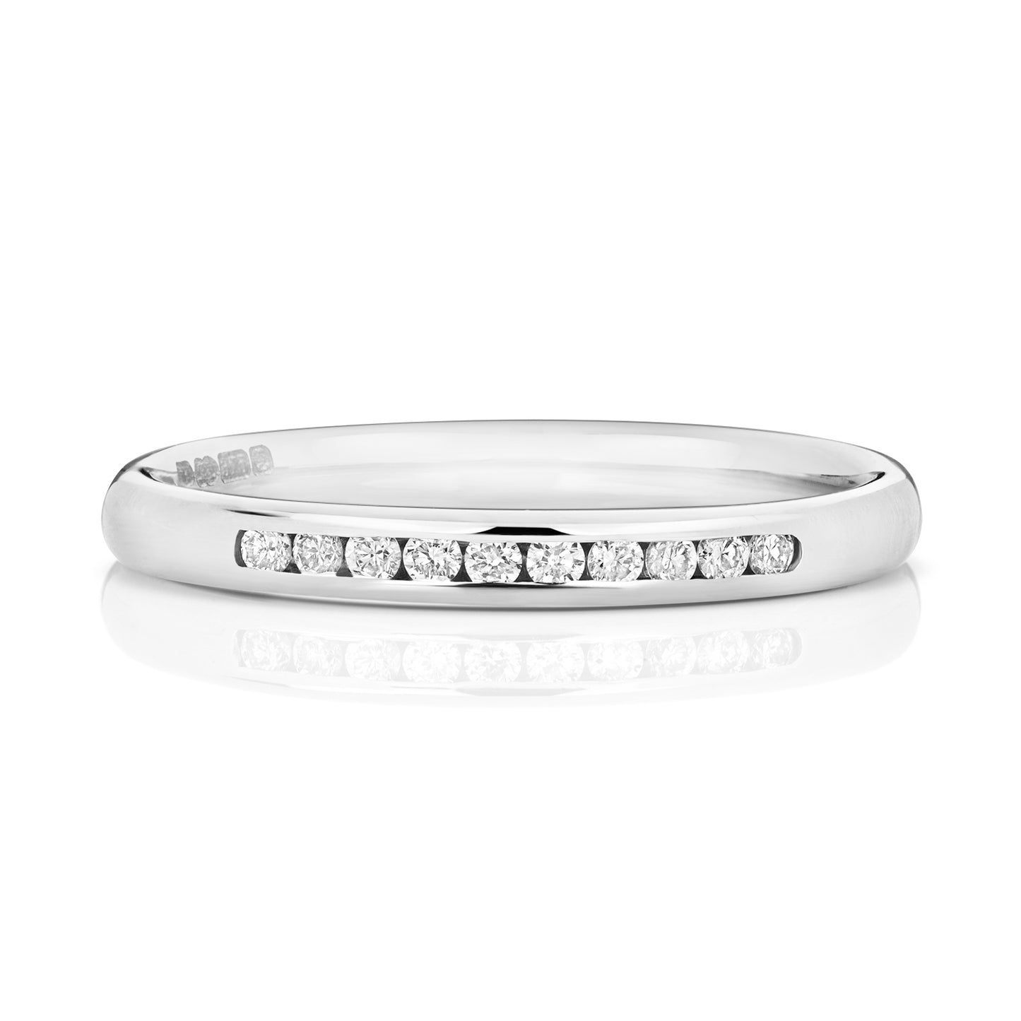 A front view of a 9ct white gold diamond eternity ring featuring a channel setting with 25% diamond coverage.