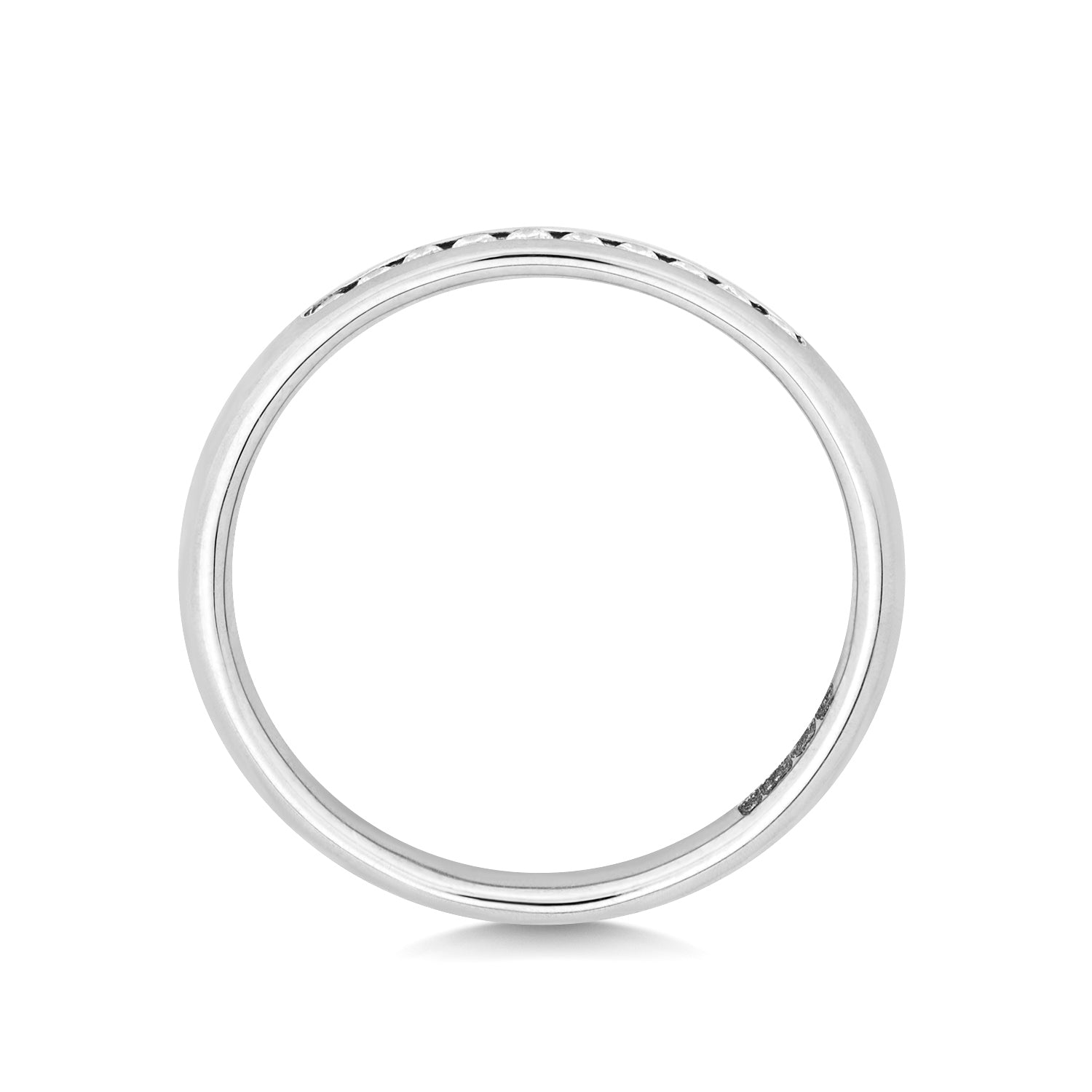 A top-down profile view of a white gold channel set ring, highlighting the slim 2.2mm width.