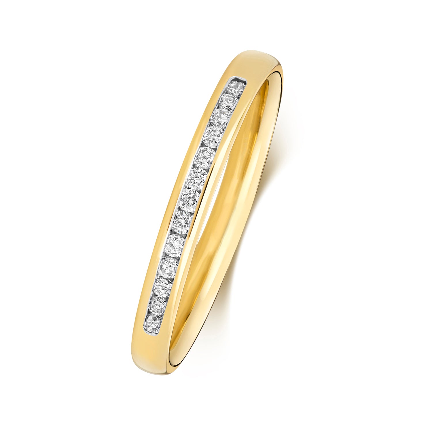 An angled side view of a yellow gold diamond wedding ring, showcasing the flush channel set design and 33% coverage.