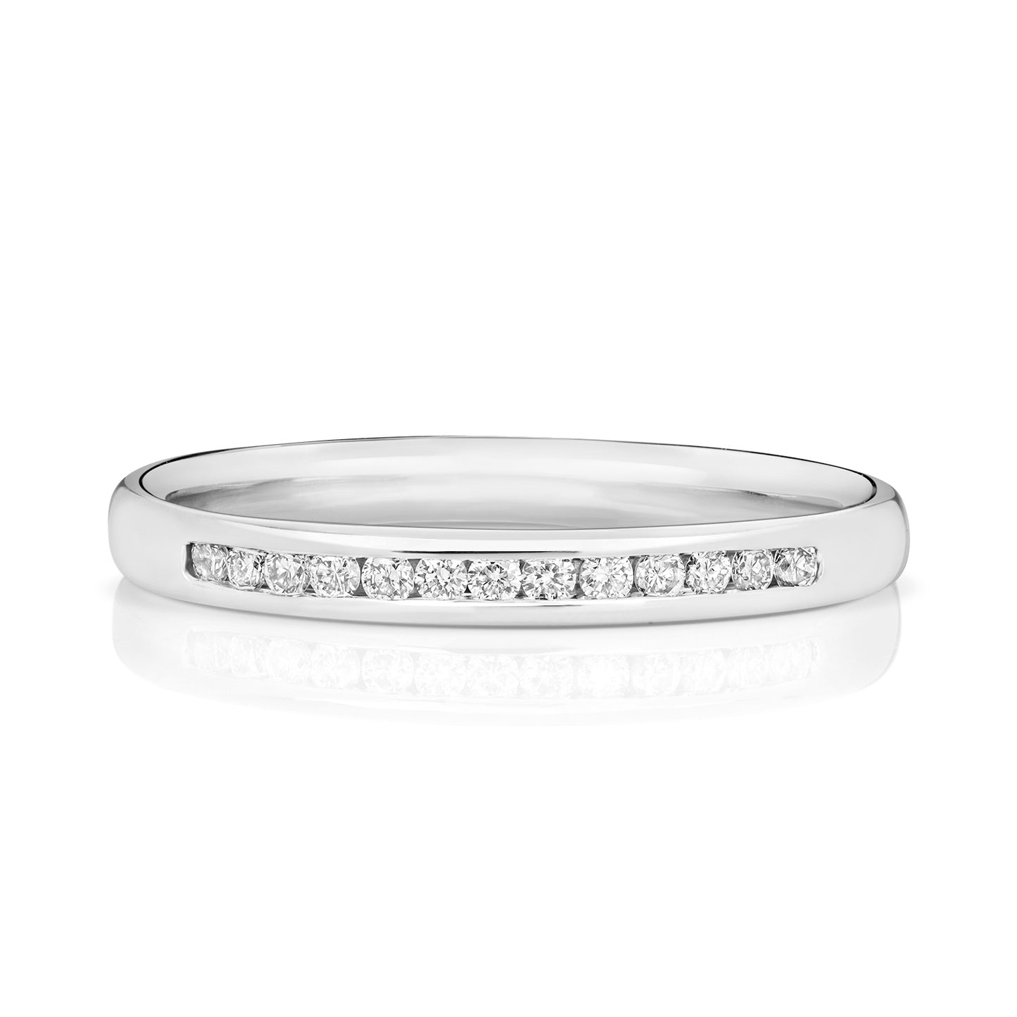 A front view of a white gold or platinum diamond eternity ring featuring a brilliant row of channel set diamonds.