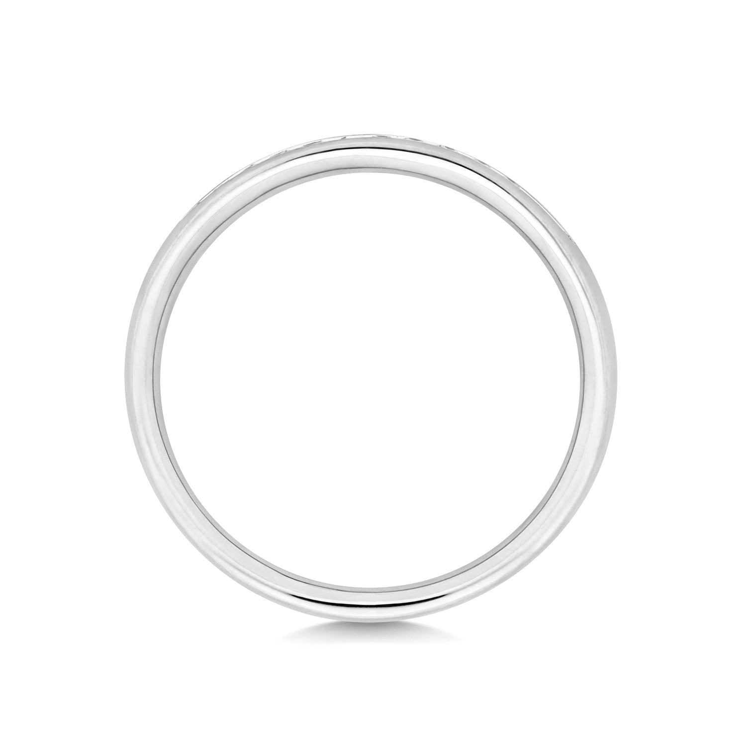 A top-down profile view of a white gold channel set ring, highlighting the slim 2.2mm width and smooth finish.