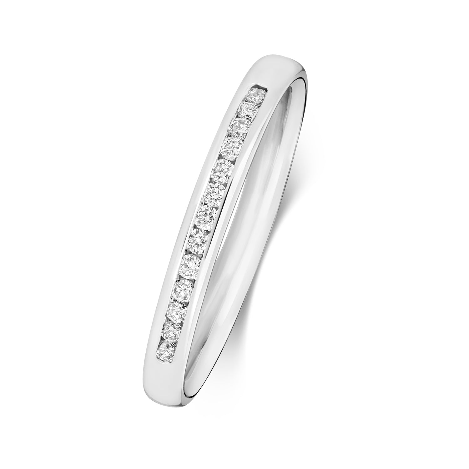 An angled side view of a platinum diamond wedding ring, showcasing the secure channel set diamonds.