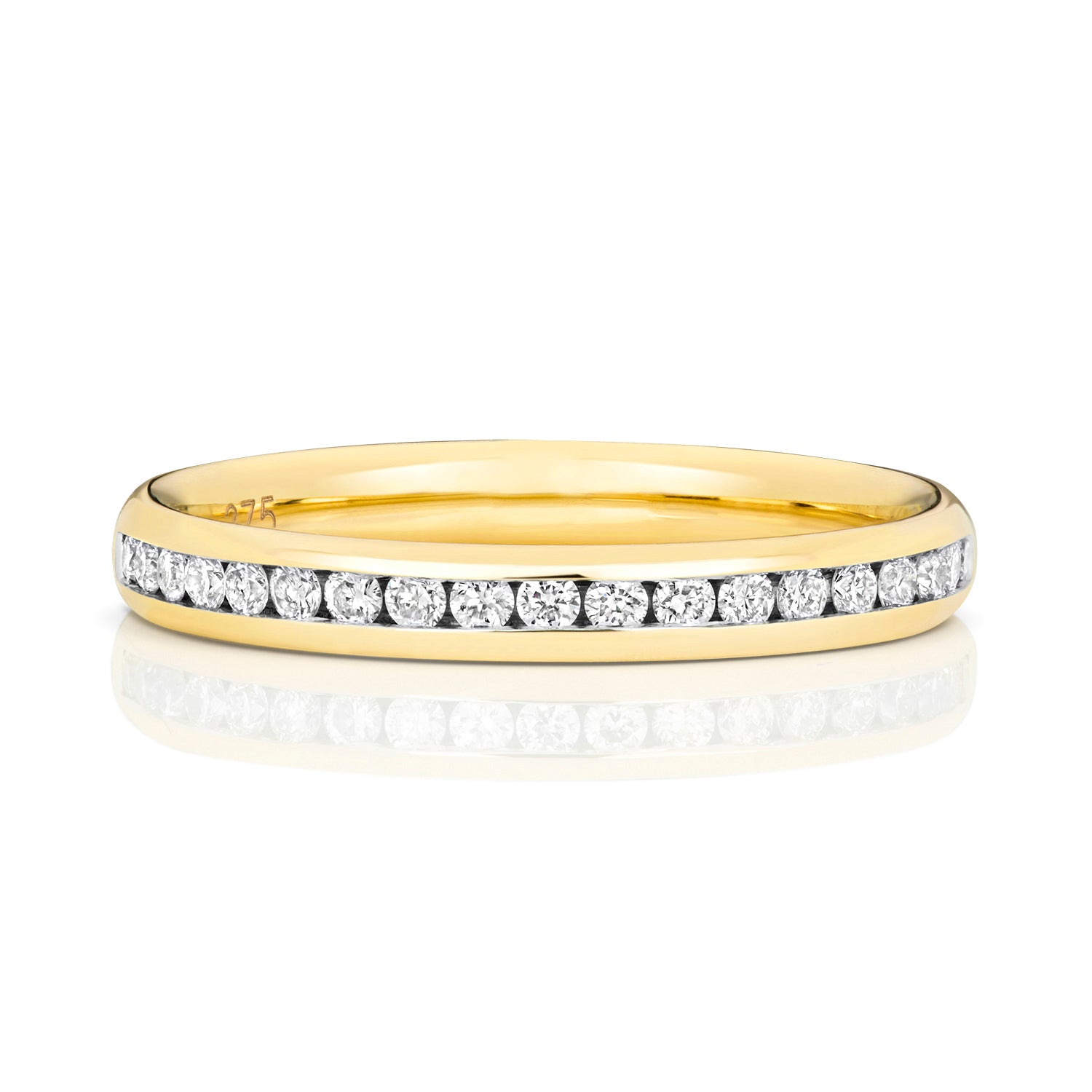 A front view of a 9ct yellow gold diamond eternity ring featuring 50% diamond coverage in a channel setting.