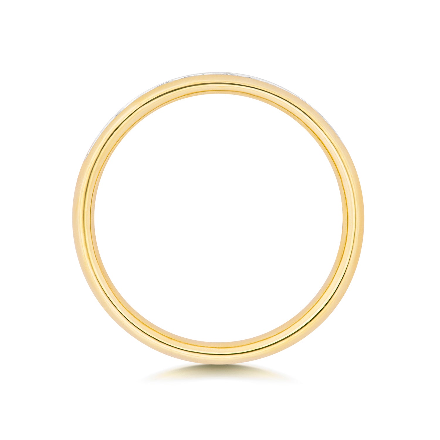 A top-down profile view of a yellow gold half eternity ring, displaying the polished band and thickness.