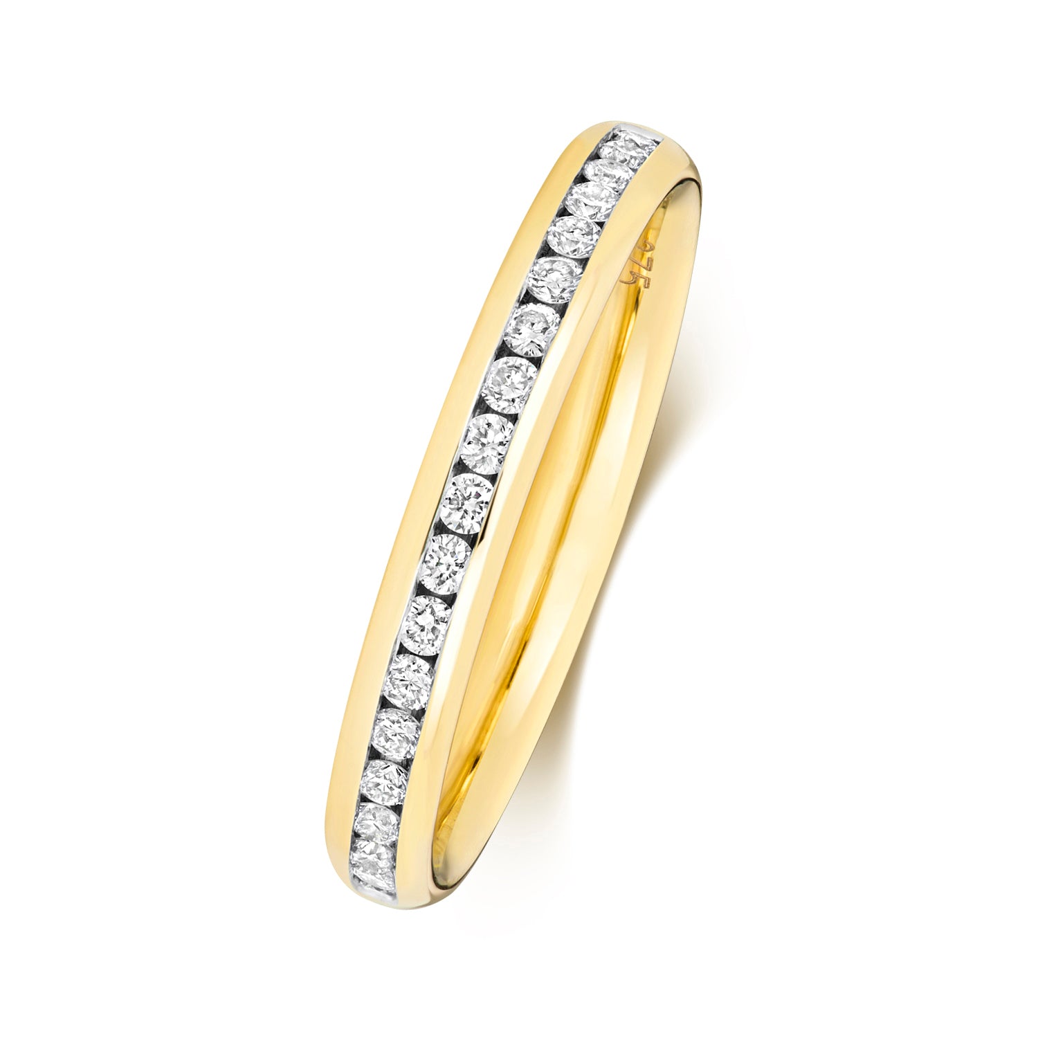 An angled side view of a yellow gold channel set wedding band, showcasing the smooth setting and brilliant diamonds.