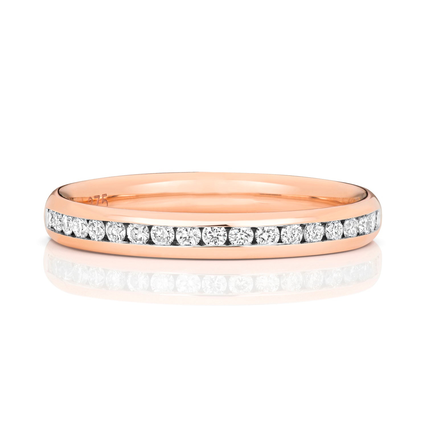 A front view of a 9ct rose gold diamond eternity ring, showcasing the warm metal tone against the white diamonds.