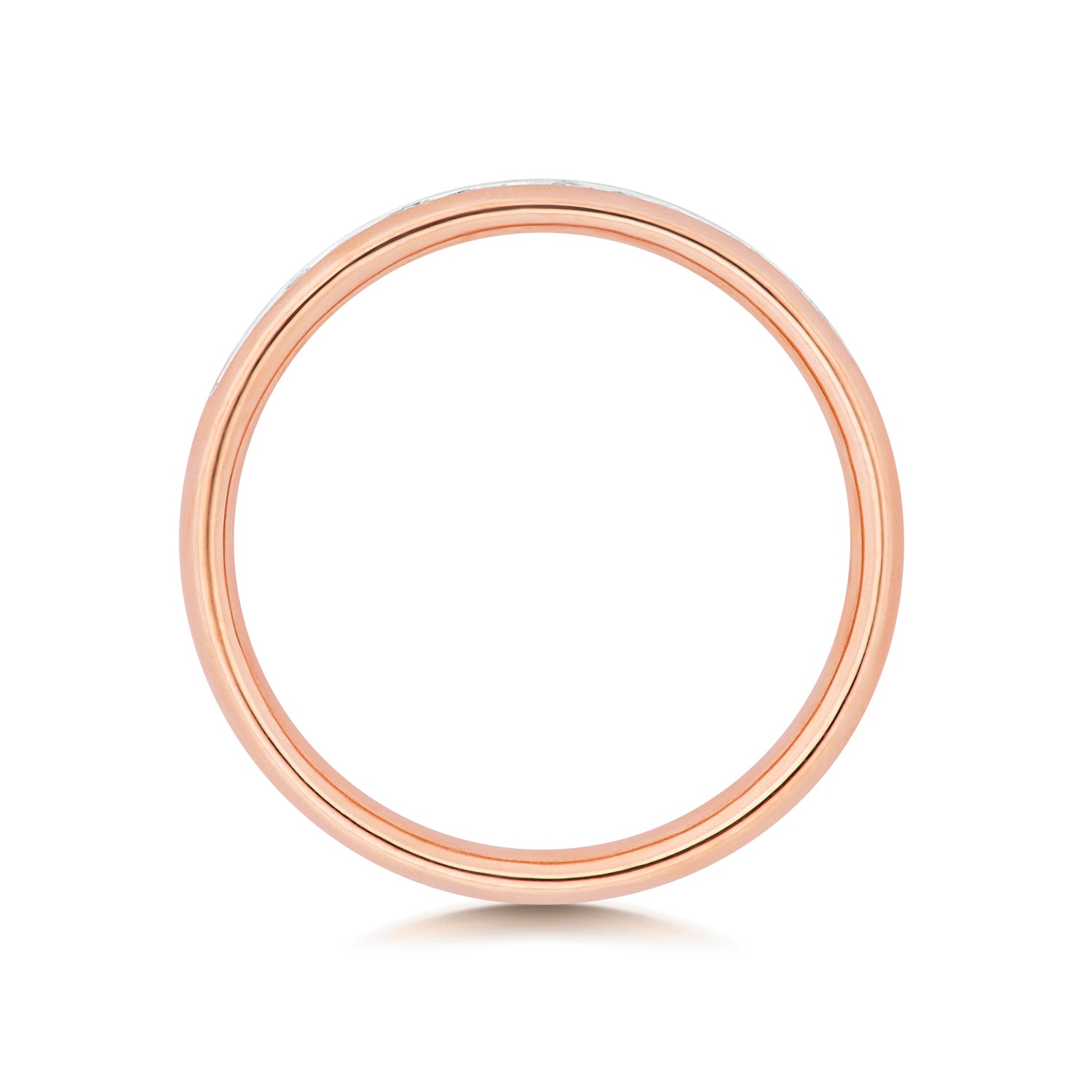 A top-down profile view of a rose gold channel set wedding band, showing the polished finish.