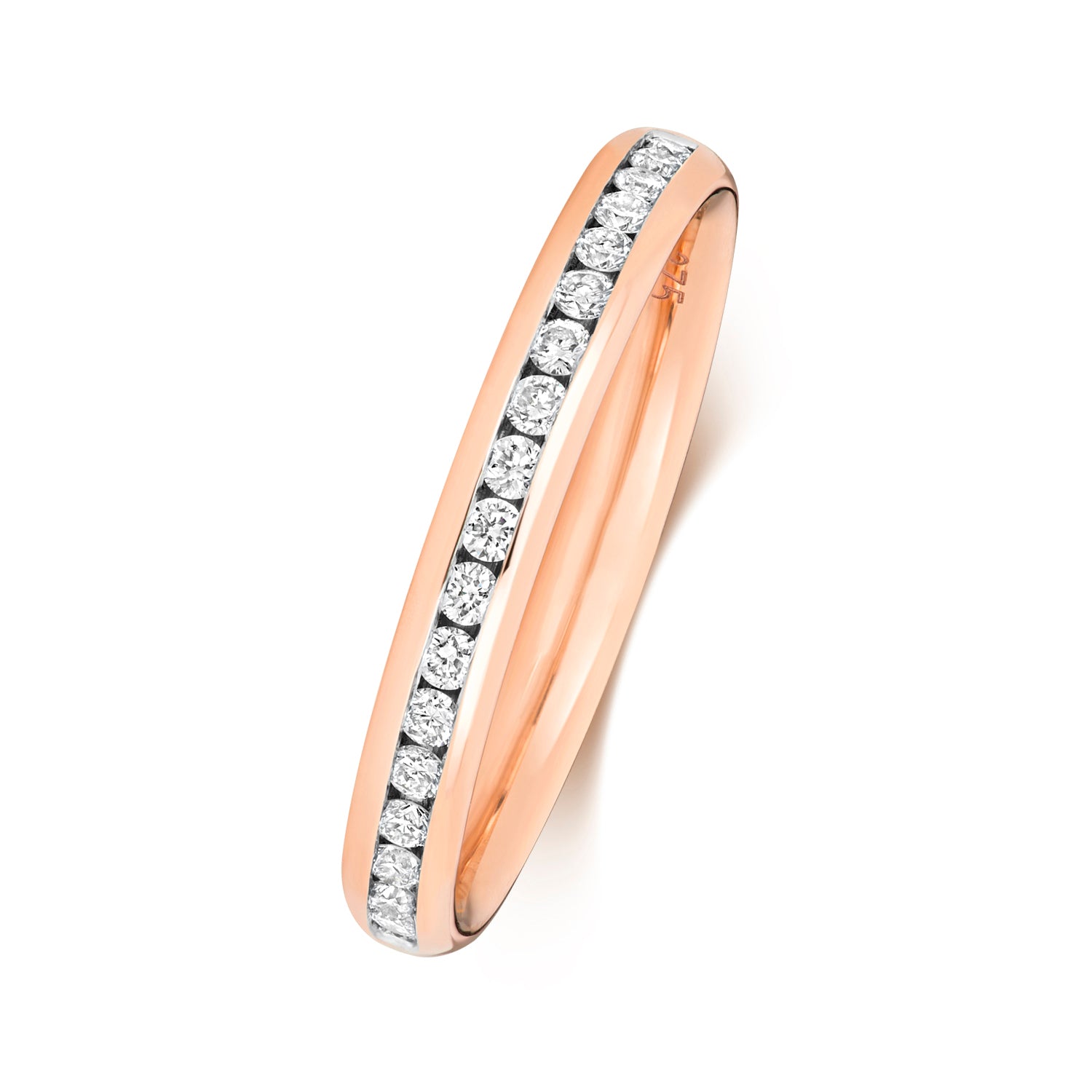 An angled side view of a rose gold diamond half eternity ring, highlighting the elegant design.