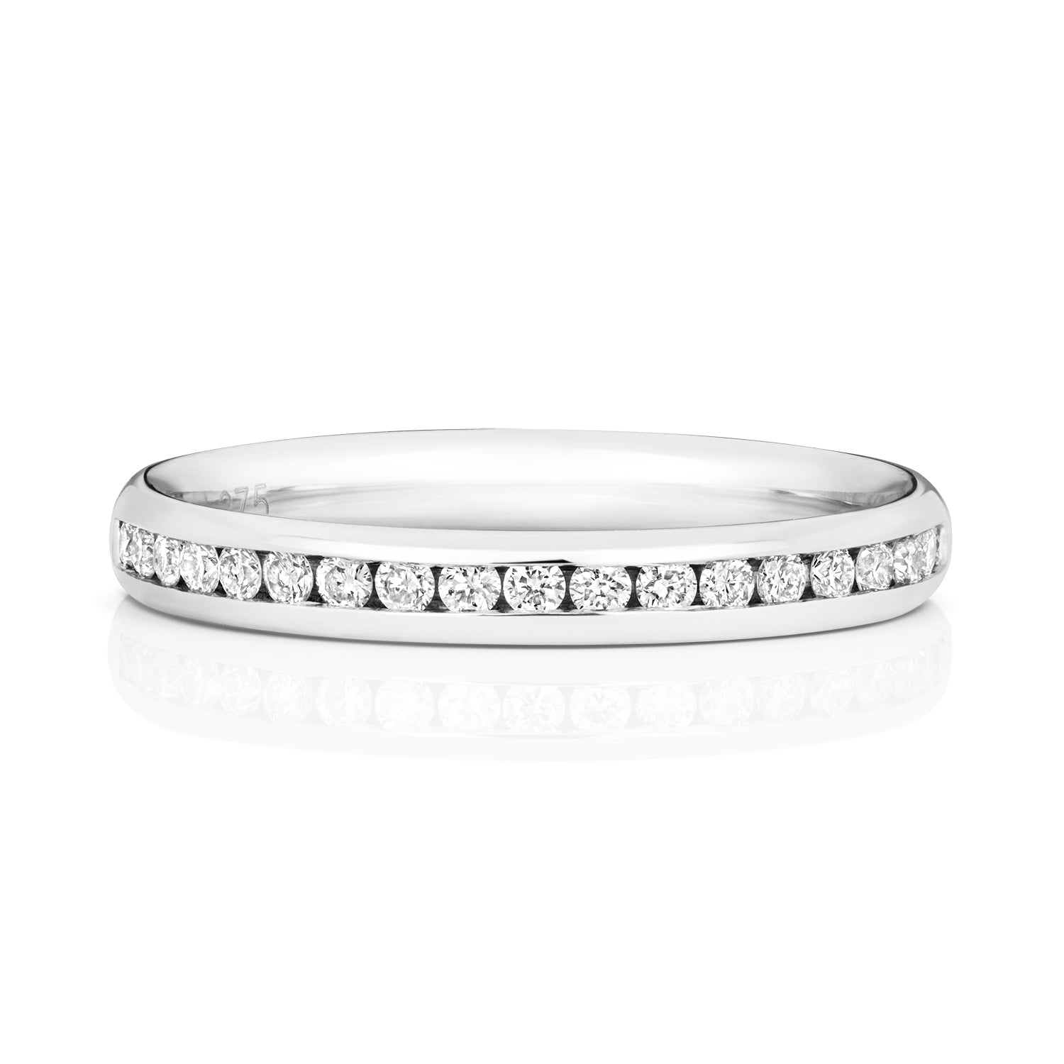 A front view of a white gold or platinum diamond eternity ring with a brilliant row of channel set diamonds.