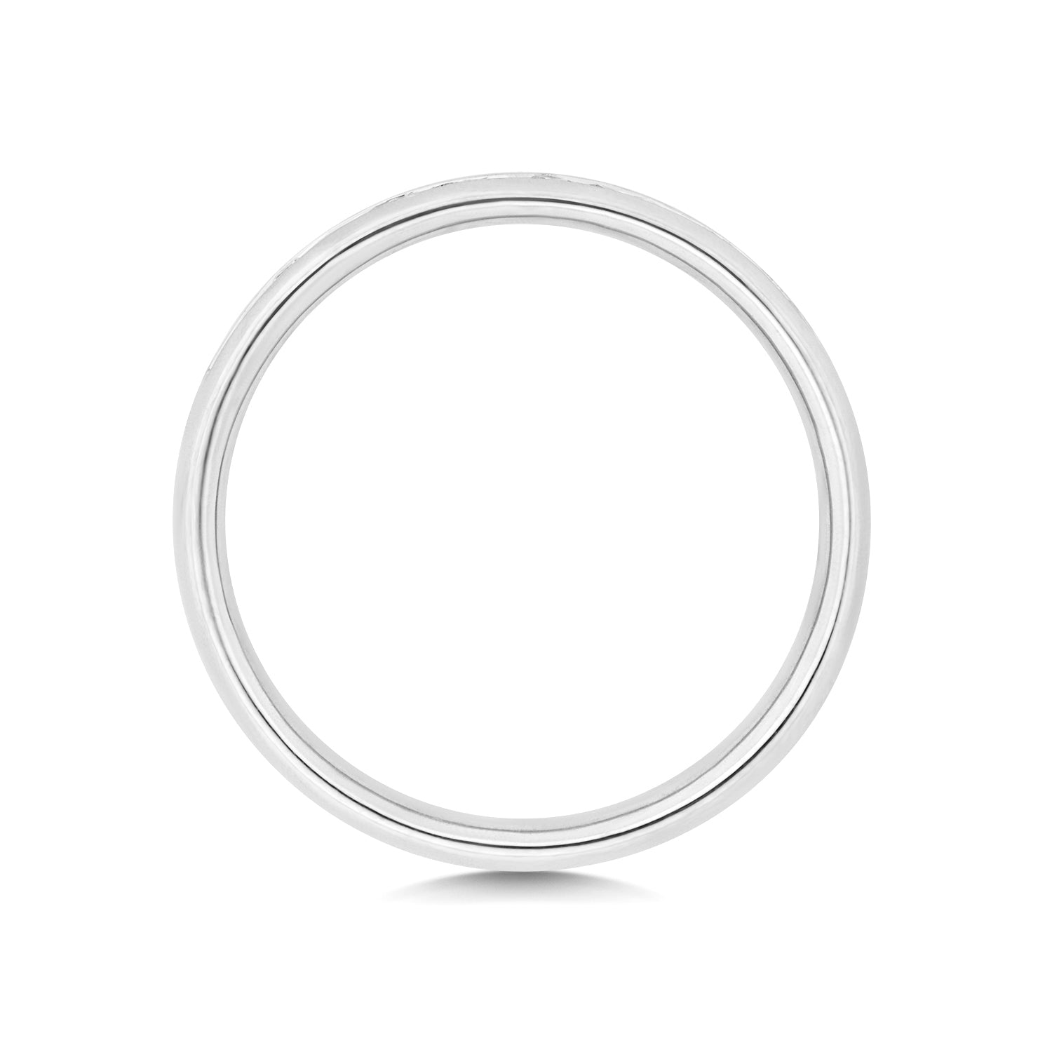 A top-down profile view of a white gold channel set ring, highlighting the sleek 2.7mm width.