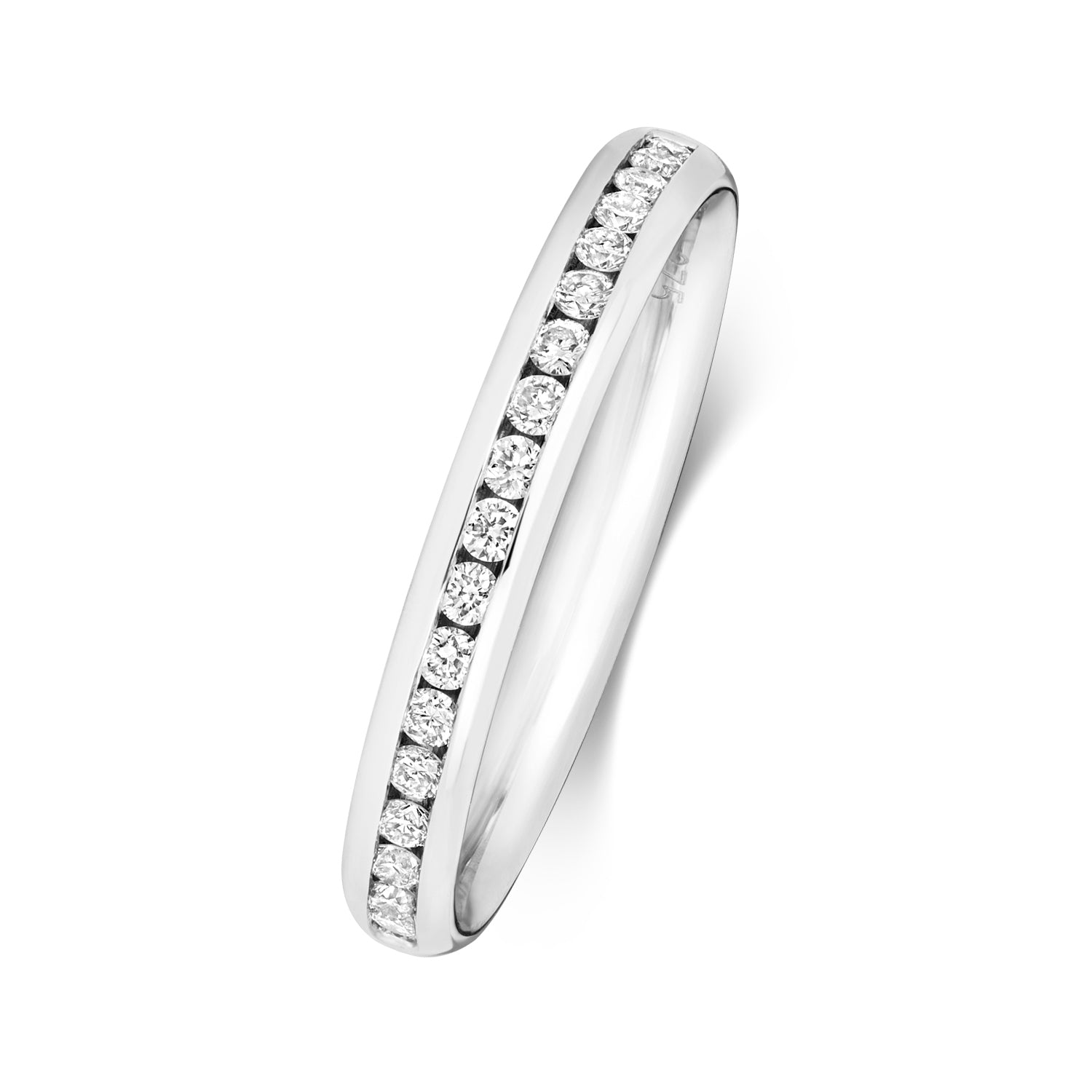 An angled side view of a platinum diamond wedding ring, emphasising the secure and modern channel setting.