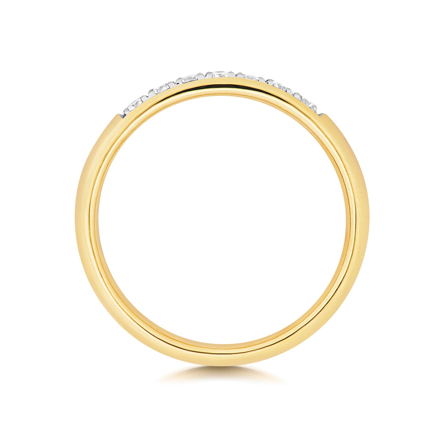 A top-down profile view of a yellow gold wedding ring, showing the polished band and thickness.