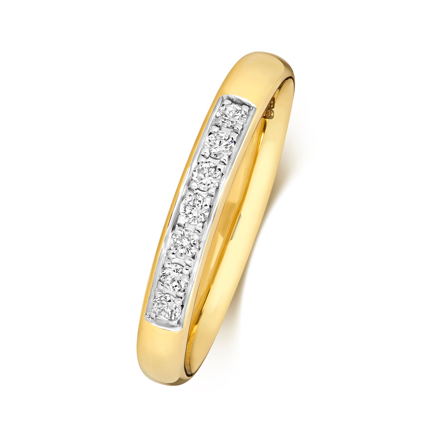 An angled side view of a yellow gold diamond eternity ring featuring a textured grain setting.