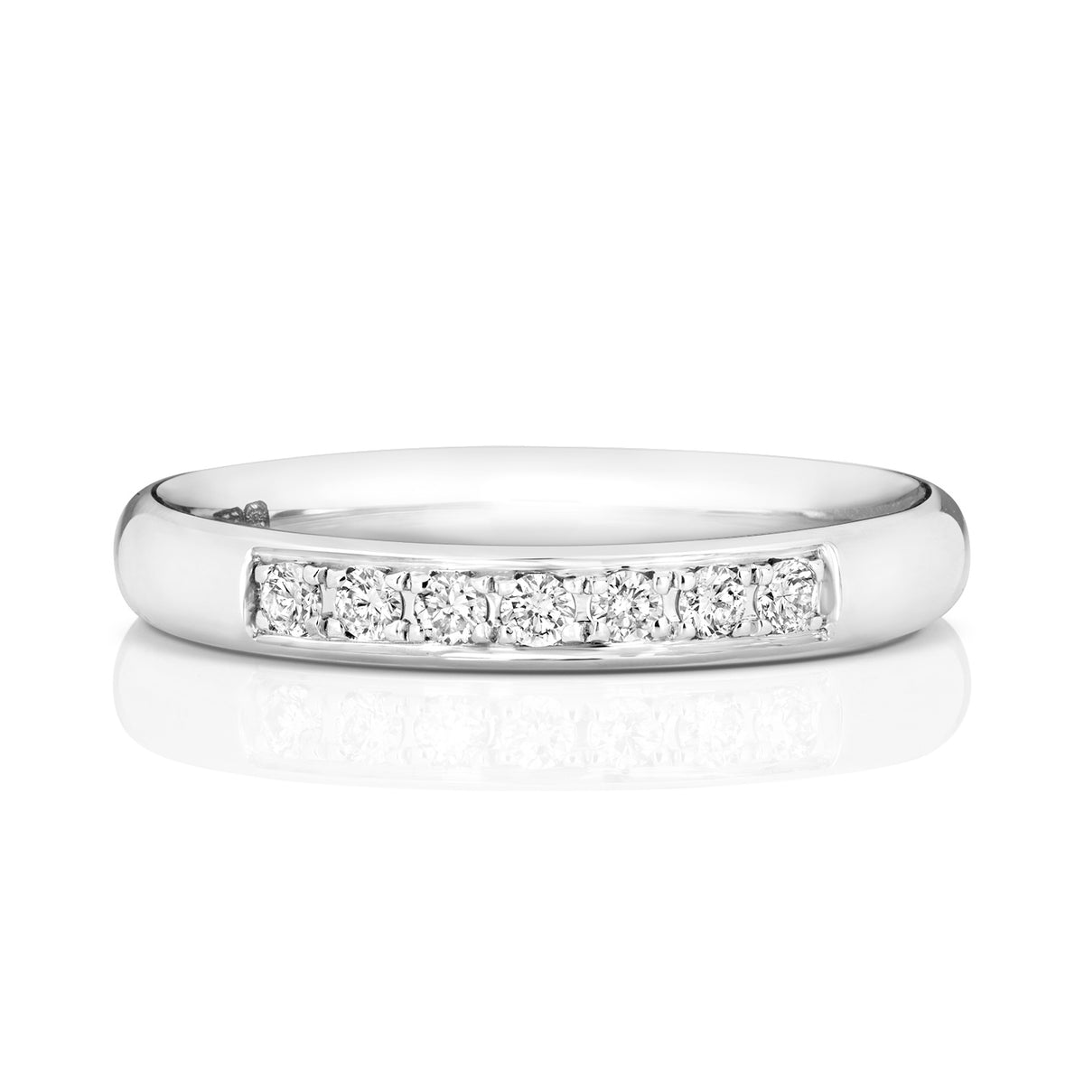A front view of a white gold or platinum diamond wedding band with 25% diamond coverage.