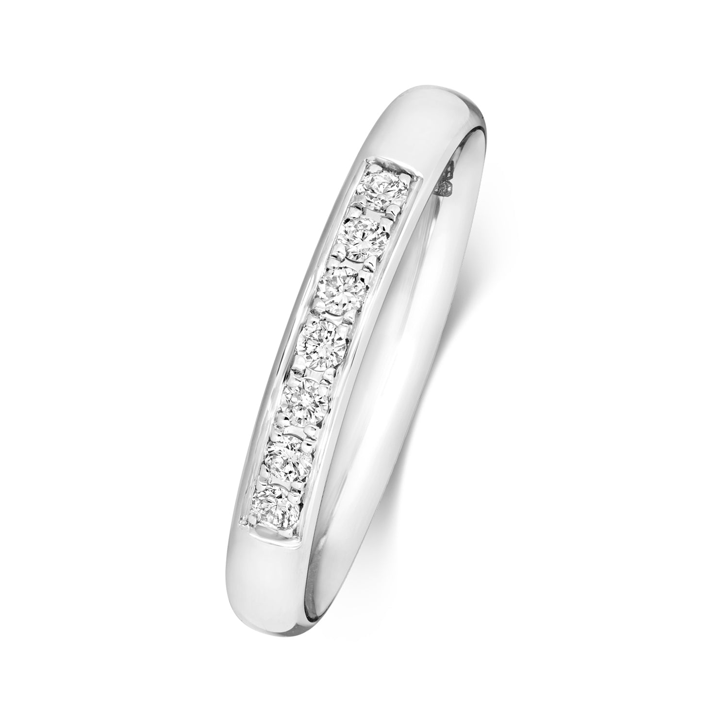 An angled side view of a platinum grain set diamond ring, showcasing the detailed setting style.
