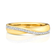 A front view of a 9ct yellow gold diamond crossover ring, highlighting the contrast between the diamonds and the rich gold tone.