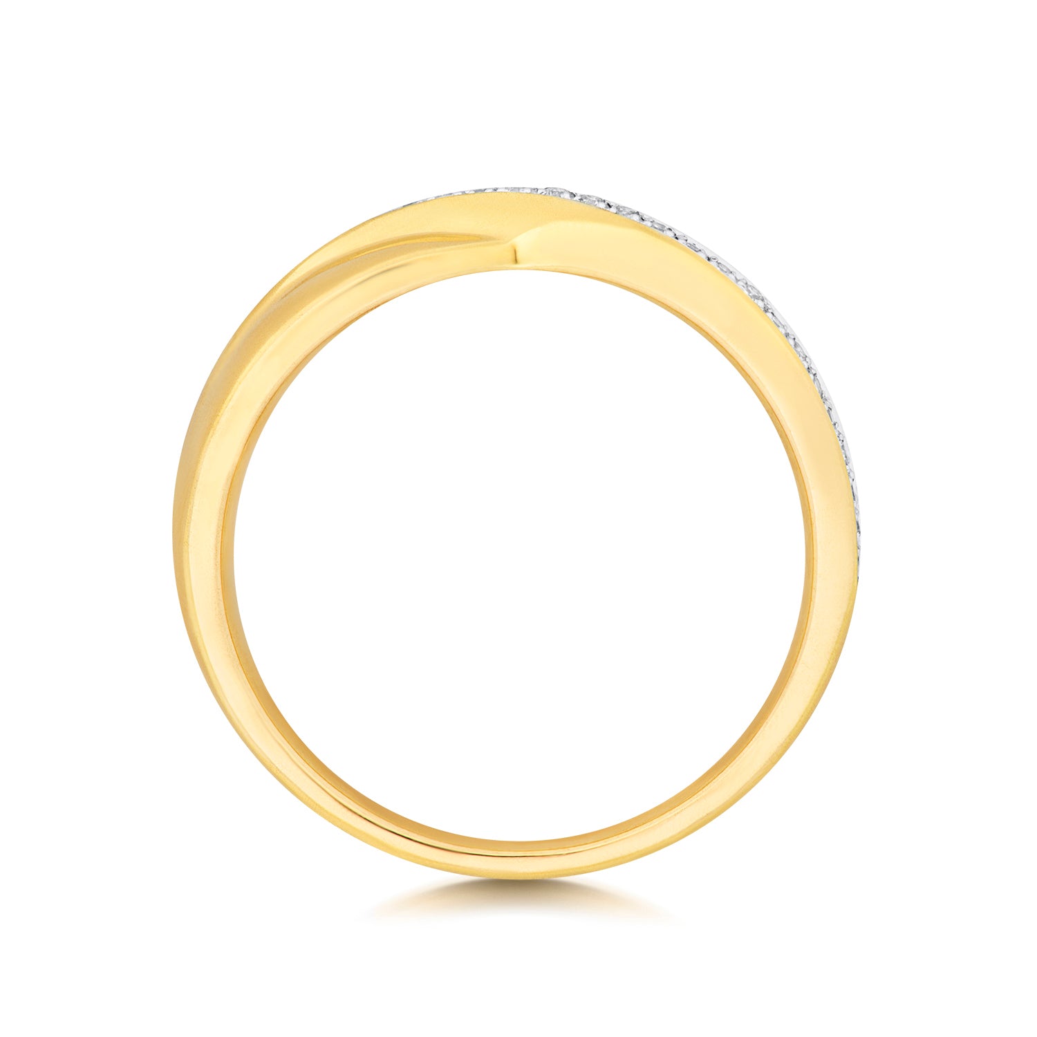 A top-down profile view of a yellow gold crossover wedding band, showing the silhouette of the ring.