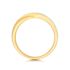 A top-down profile view of a yellow gold crossover wedding band, showing the silhouette of the ring.