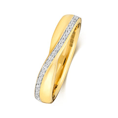 An angled side view of a 9ct yellow gold crossover ring, featuring a plain band crossing over a grain set diamond band.
