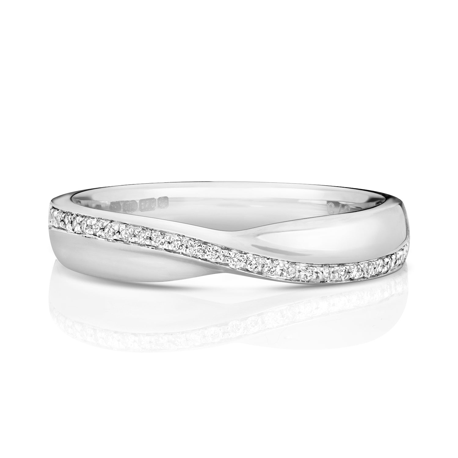 A front view of a 9ct white gold diamond crossover ring, showing the 0.09ct of diamonds sparkling against the white metal.