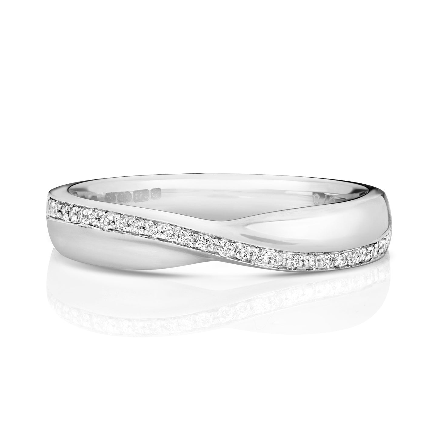 A front view of a 9ct white gold diamond crossover ring, showing the 0.09ct of diamonds sparkling against the white metal.
