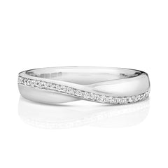 A front view of a 9ct white gold diamond crossover ring, showing the 0.09ct of diamonds sparkling against the white metal.