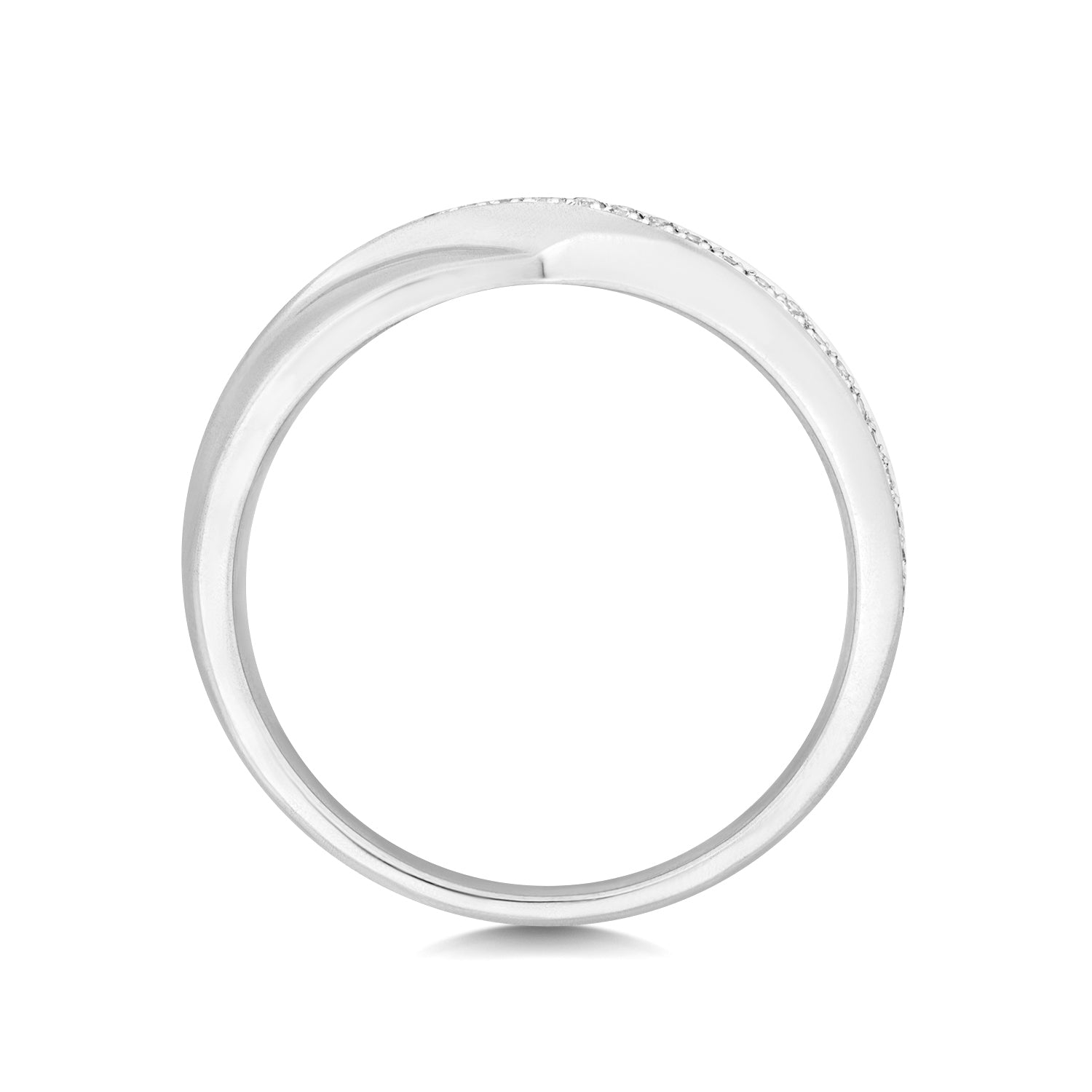 A top-down profile view of a white gold crossover wedding band, showing the curvature and thickness of the ring.