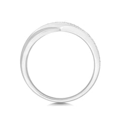 A top-down profile view of a white gold crossover wedding band, showing the curvature and thickness of the ring.