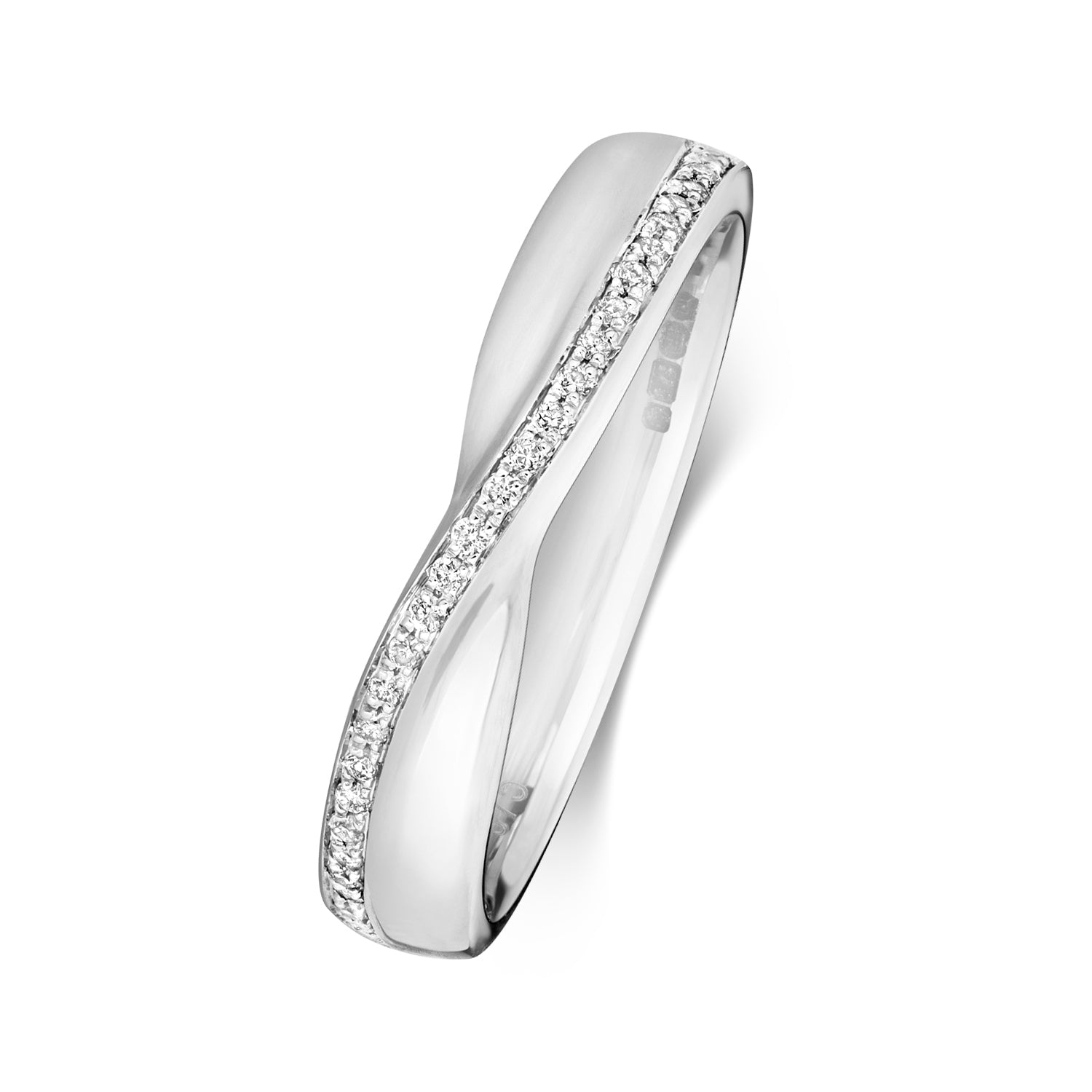 An angled side view of a white gold diamond twist ring, displaying the elegant grain setting.