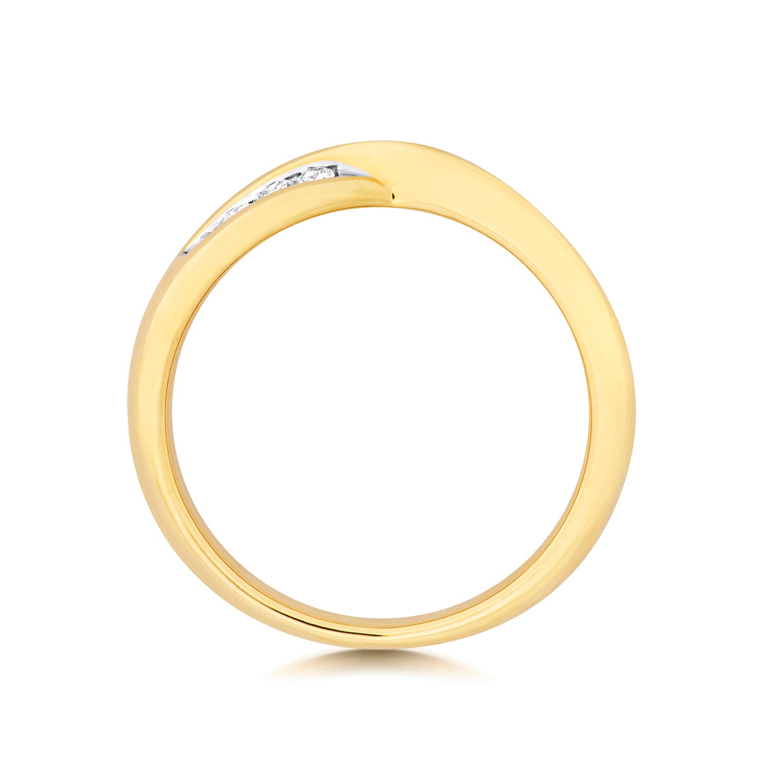 A top-down profile view of a white gold twist wedding band, showing the silhouette and polished finish.