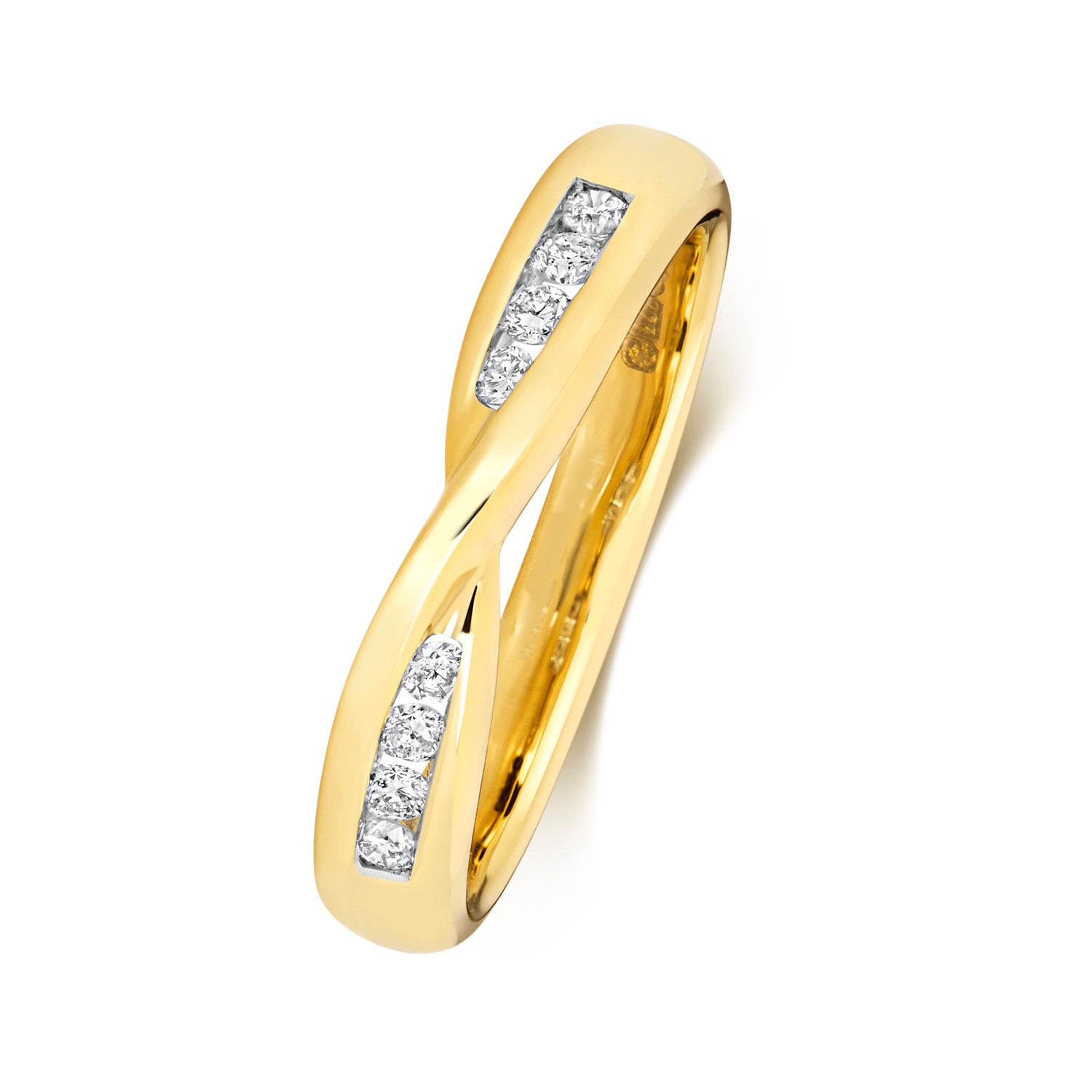 An angled side view of a 9ct yellow gold crossover ring, showcasing the smooth channel set diamonds within the twist.
