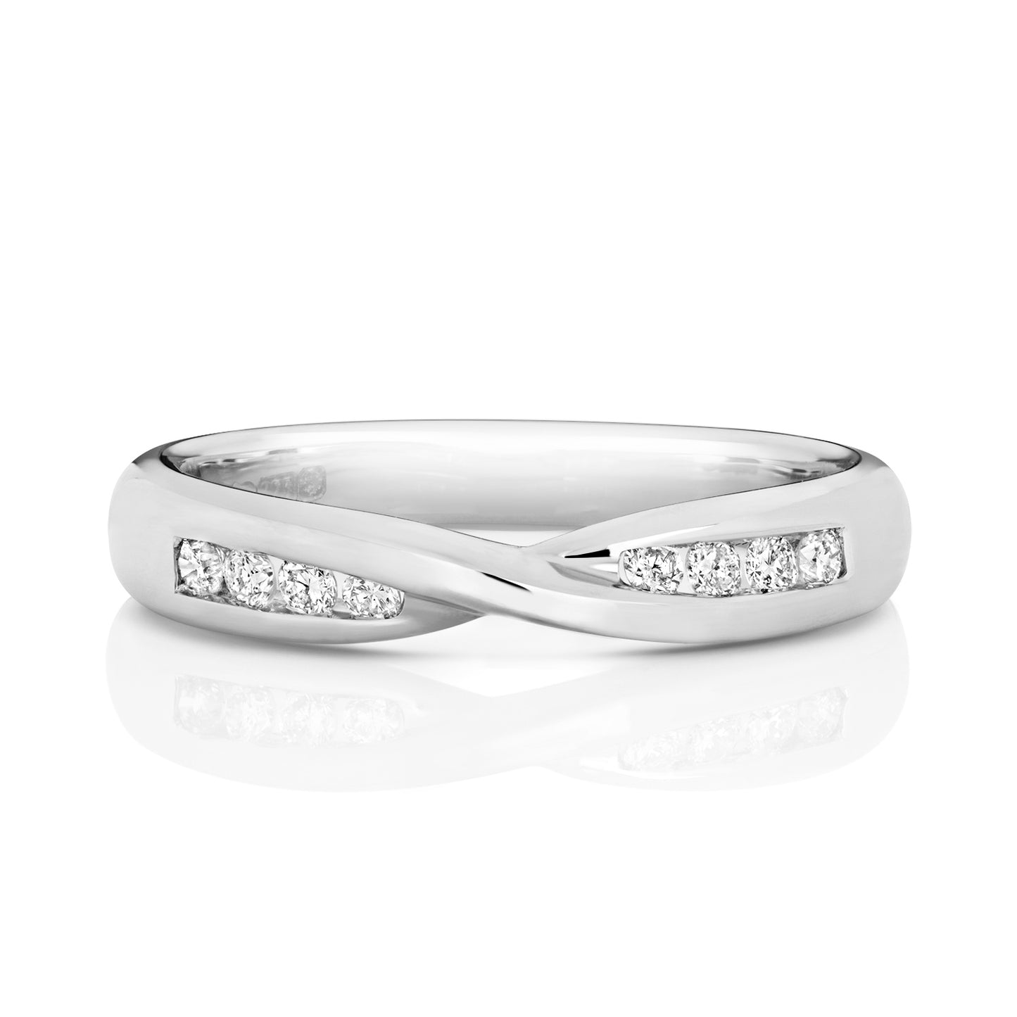 A front view of a white gold diamond crossover ring, highlighting the brilliant sparkle of the 0.16ct diamonds.