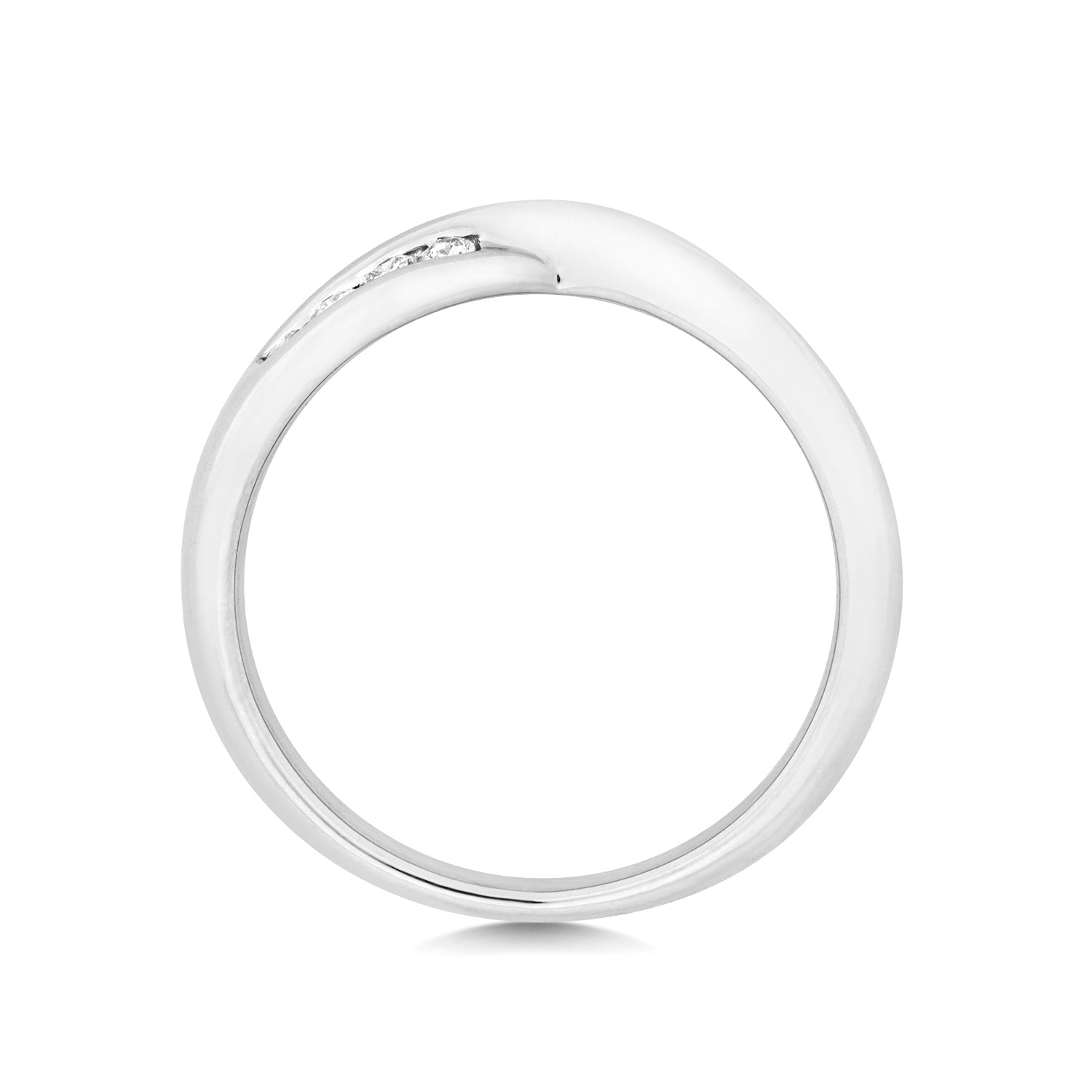 A top-down profile view of a white gold twist wedding band, showing the silhouette and polished finish.